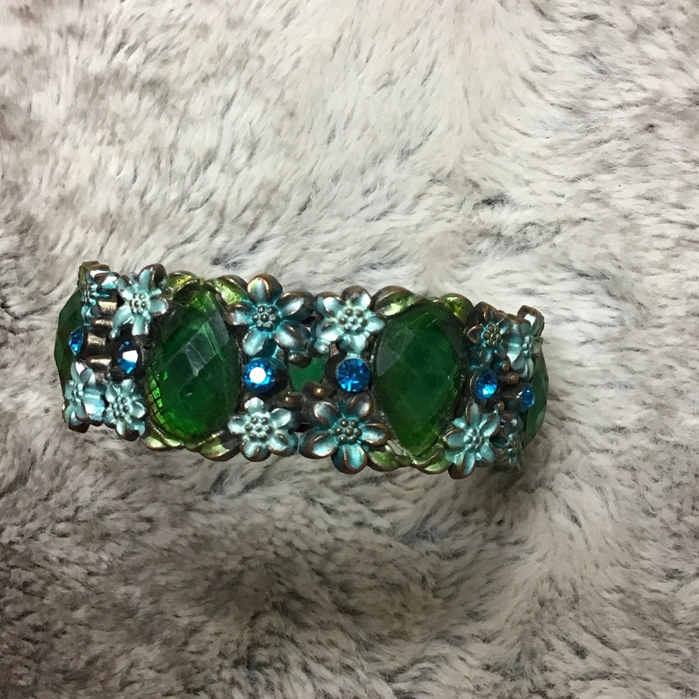 Vintage 1970s hinged cuff bracelet Green and Blue Floral